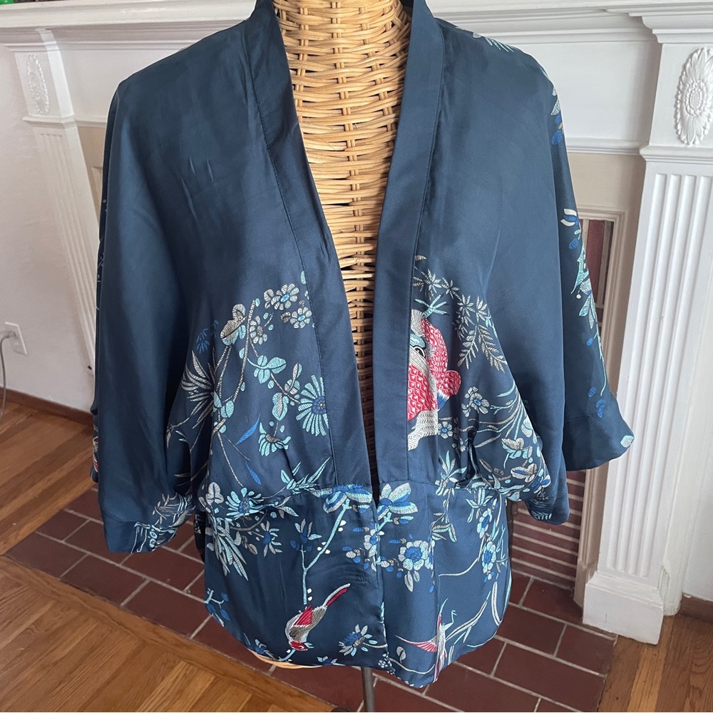 Zara blue floral boho floral zen kimono festival jacket L